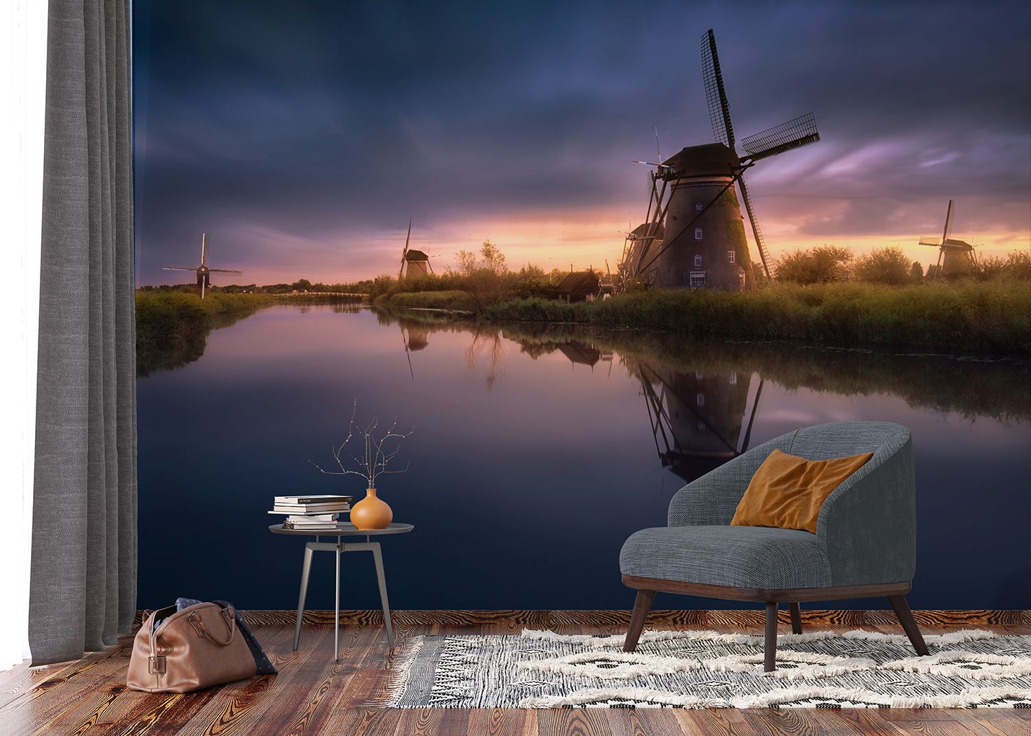 Sanders & Sanders fotobehang molens donkerblauw, paars en groen - 375 x 270 cm - 601024