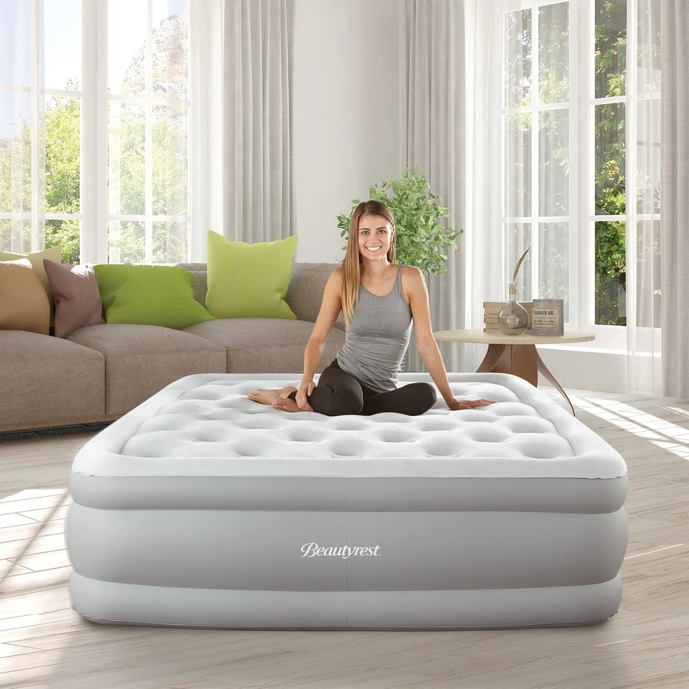 Beautyrest Sky Rise Raised Air Mattress with External Pump - Inflatable Bed with Edge Support, Puncture-Resistant Vinyl