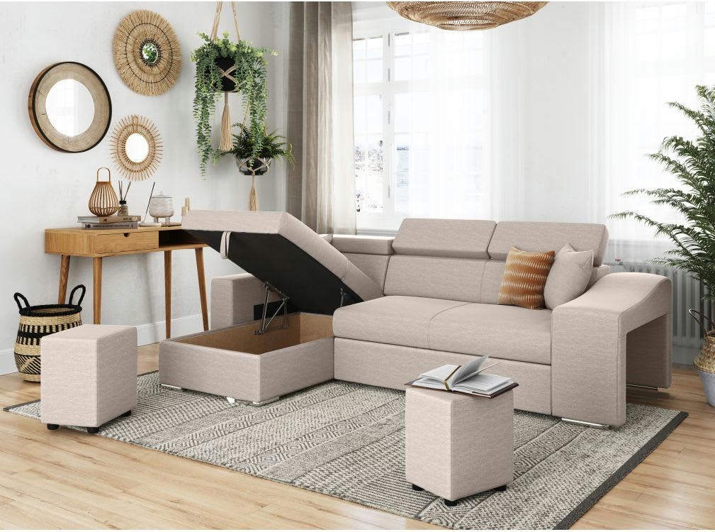 ELONA - Canapé d'Angle Convertible en Tissu - Beige - Poufs côté droit