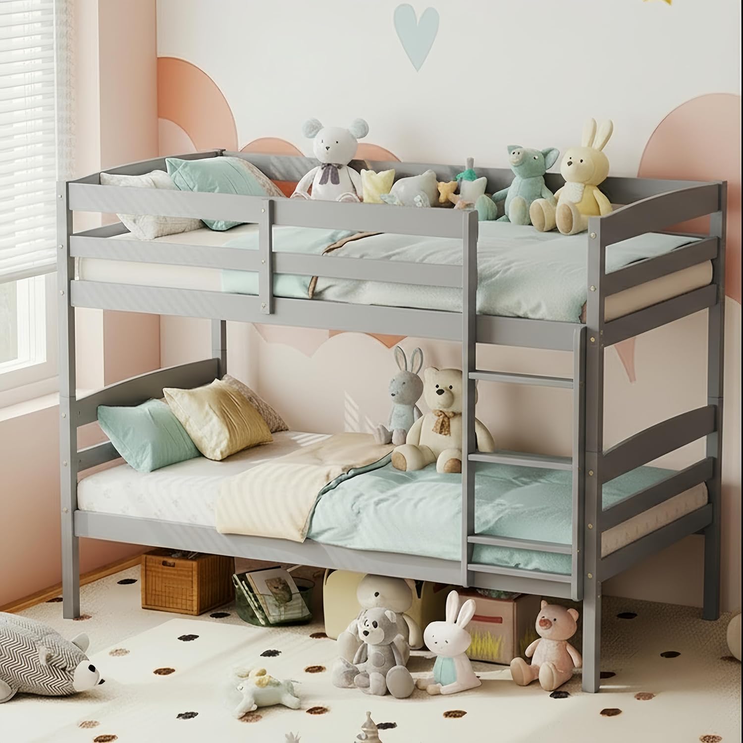 KOMFOTT Bunk Bed Twin Over Twin, Bed Frame w/Full-Length Guardrail & Integrated Ladder, Wood Bunk Bed for Small Space, Converts to 2 Individual Beds for Kids & Adults, No Box Spring Needed