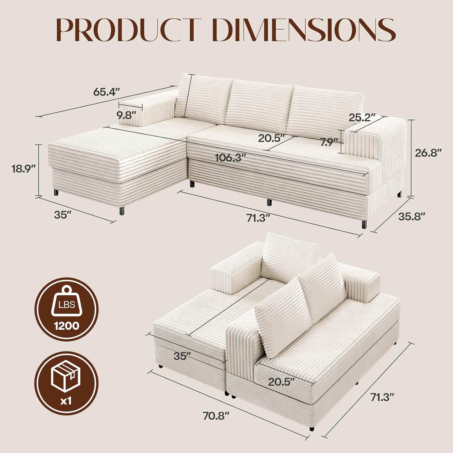 106 Cloud Modular Sectional Sofa with Chaise Lounge, No Assembly L Shaped Couch with Iron Frame, Modern Fluffy Corduroy Couches for Living Room, Bedroom, Office, Left Facing Chaise, White