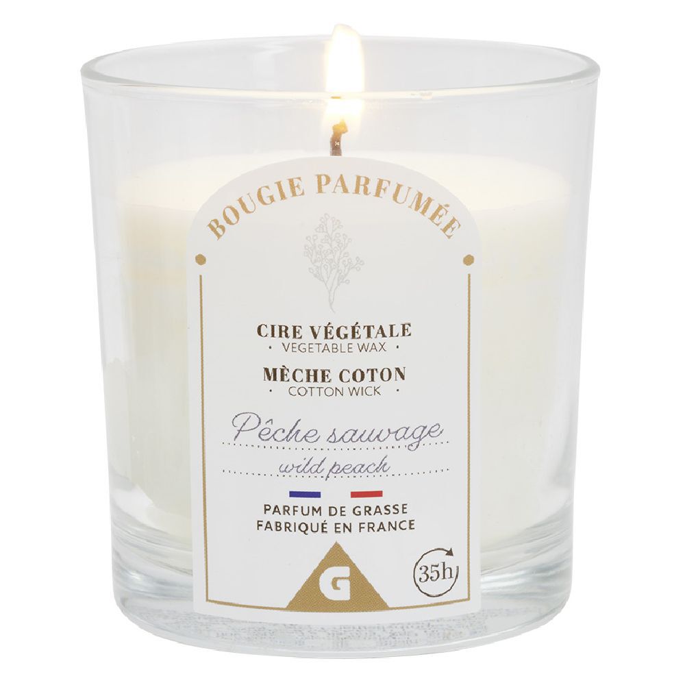 Bougie violette dans verre senteur pêche Ø7xH8cm