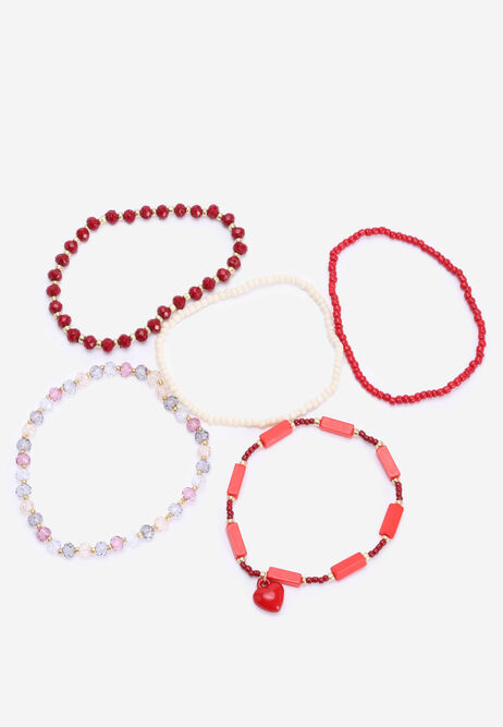 Womens 5pk Red Heart Beaded Stackable Bracelets