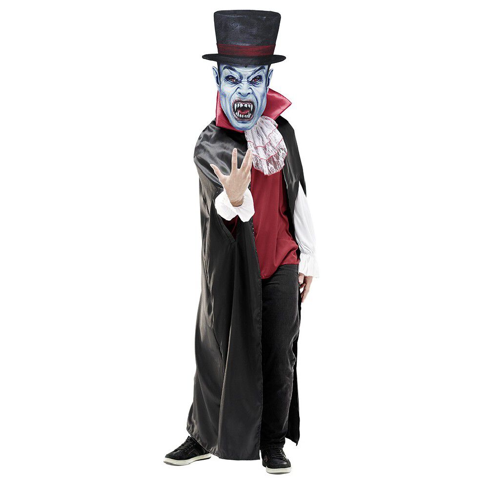 Masque adulte Halloween grosse tête vampire avec chapeau bleu noir