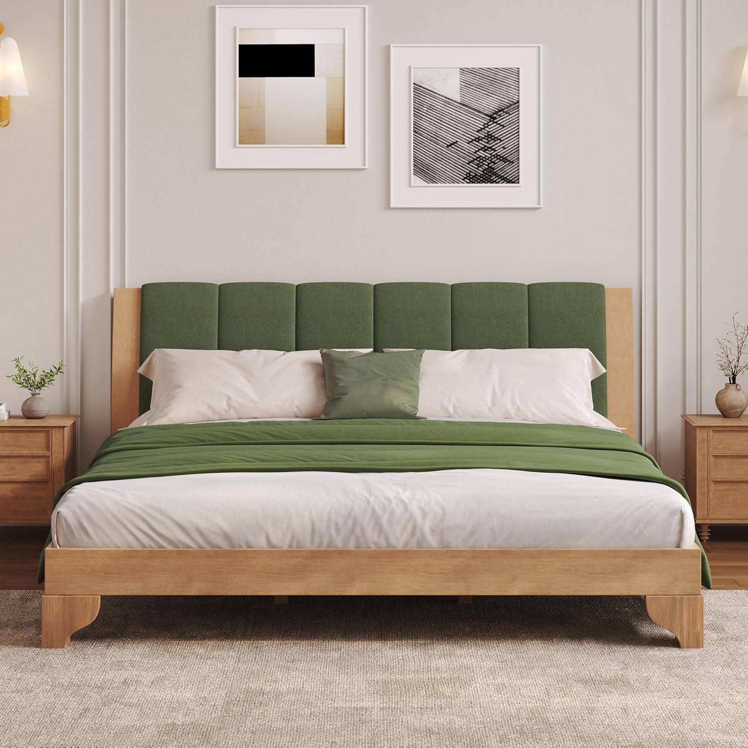 Christopher Knight Home Trisie Mid-Century Modern King Size Bed Frame and Headboard, Solid Wood King Platform Bed Frame with Upholstered Headboard, No Box Spring Needed, Easy Assembly, Natural