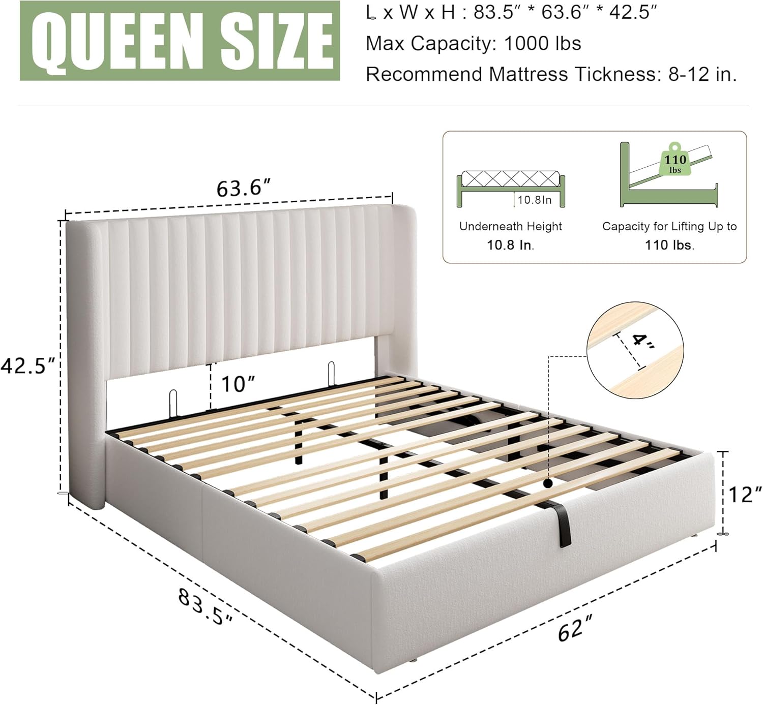 Feonase Queen Size Lift Up Storage Bed Frame, Velvet Upholstered Platform Bed Frame with Wingback Headboard, Hydraulic Storage, No Box Spring Needed, White