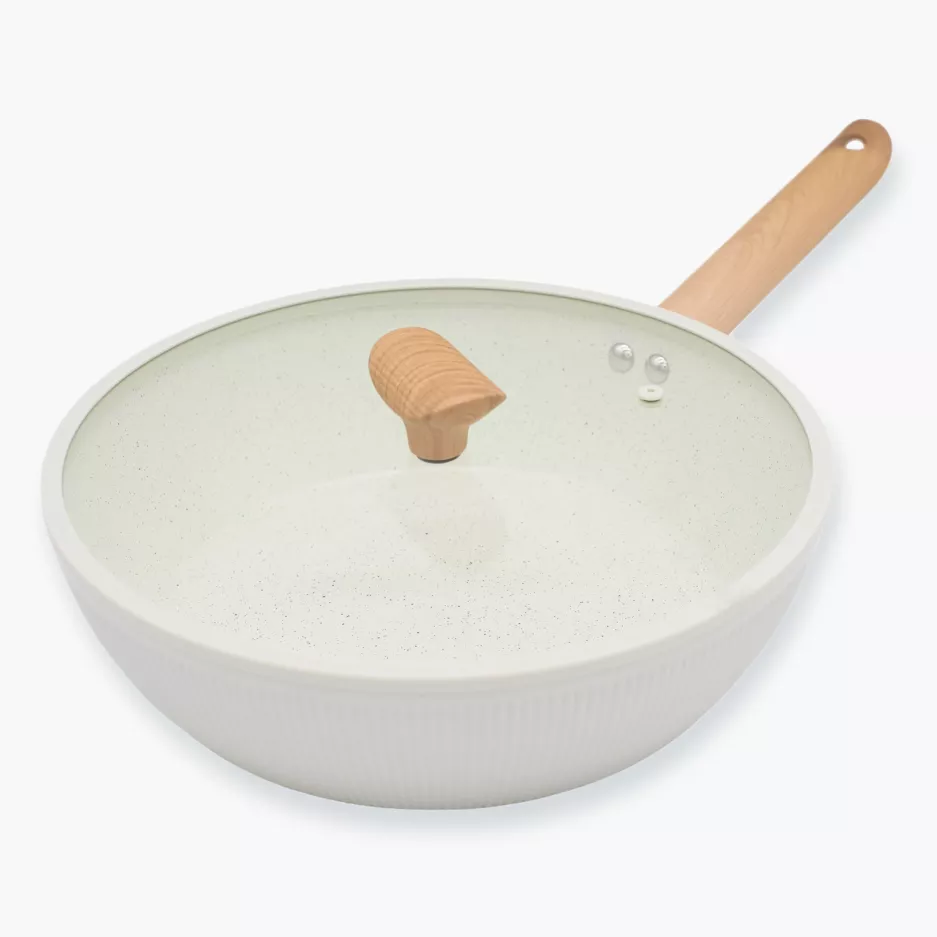 Patelnia głęboka z pokrywką DUKA GRAN 28 cm beżowa szara aluminiowa