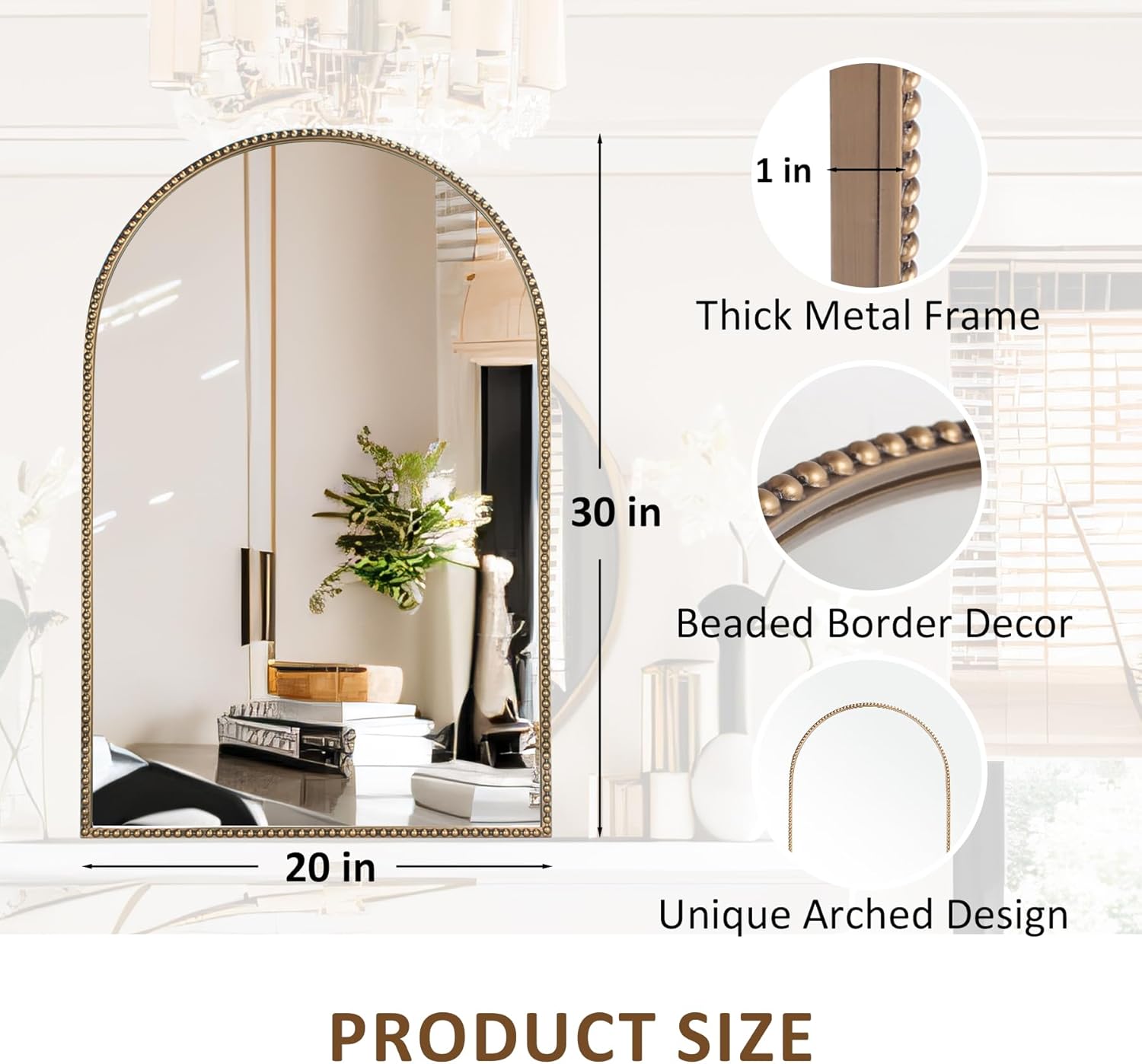 Antique Gold Arched Wall Mirror 20x30, Ornate Beaded Metal Frame Bathroom Mirror, Vintage Decorative Wall Mirror for Bedroom, Living Room, Entryway, or Vanity Décor