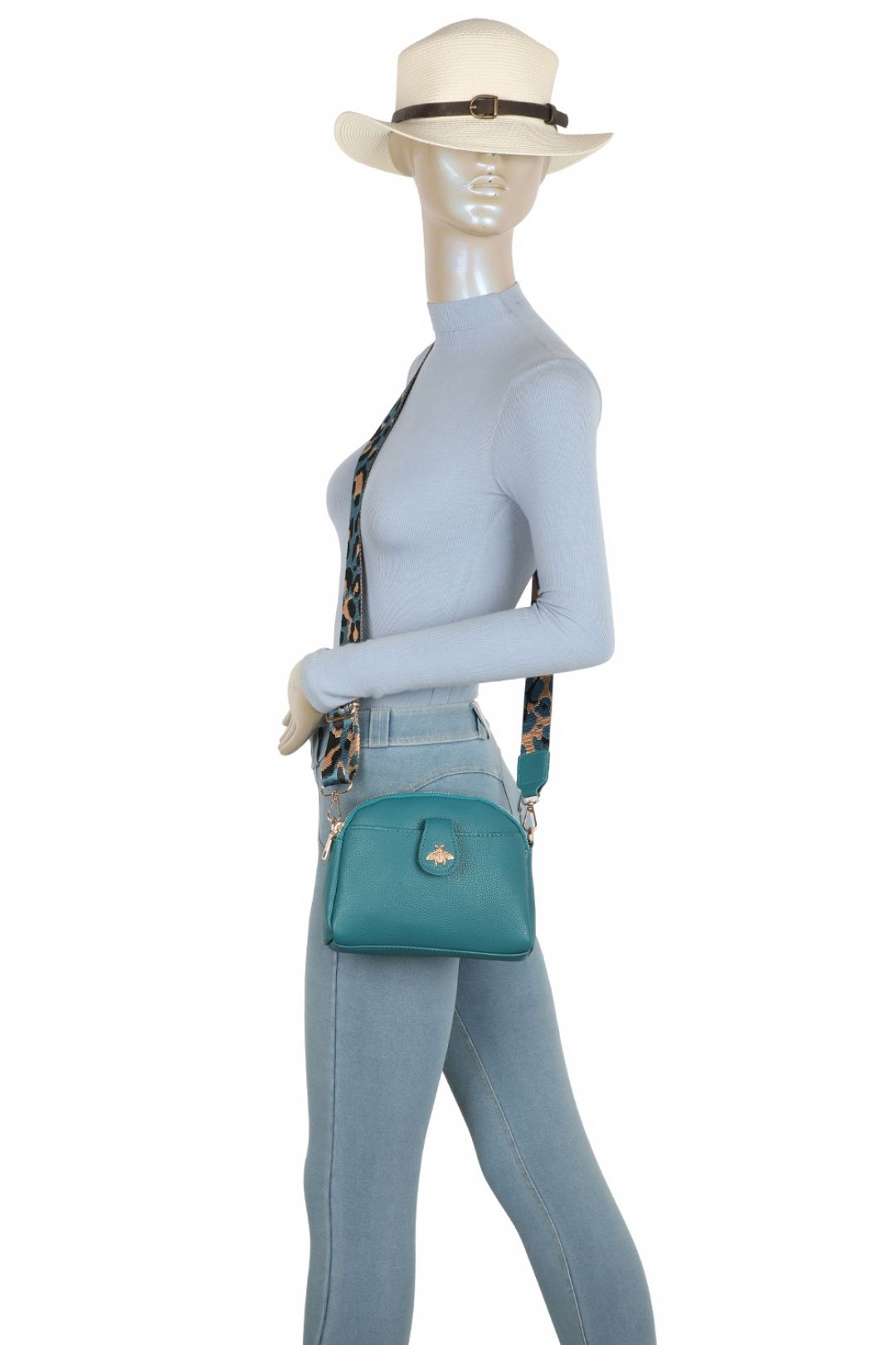 Fontanella Fashion Monarch Bee Badge Multi-pocket Crossbody Bag with Leopard Canvas Strap