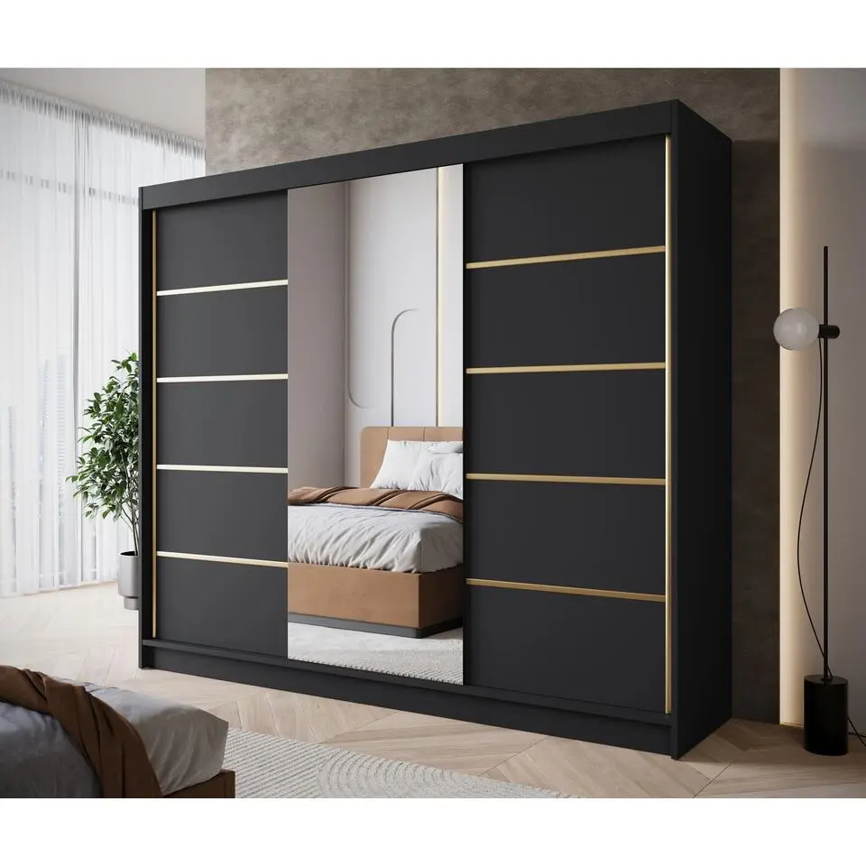 Meubella - Kledingkast Eagle - Zwart - 250 cm - Met spiegel