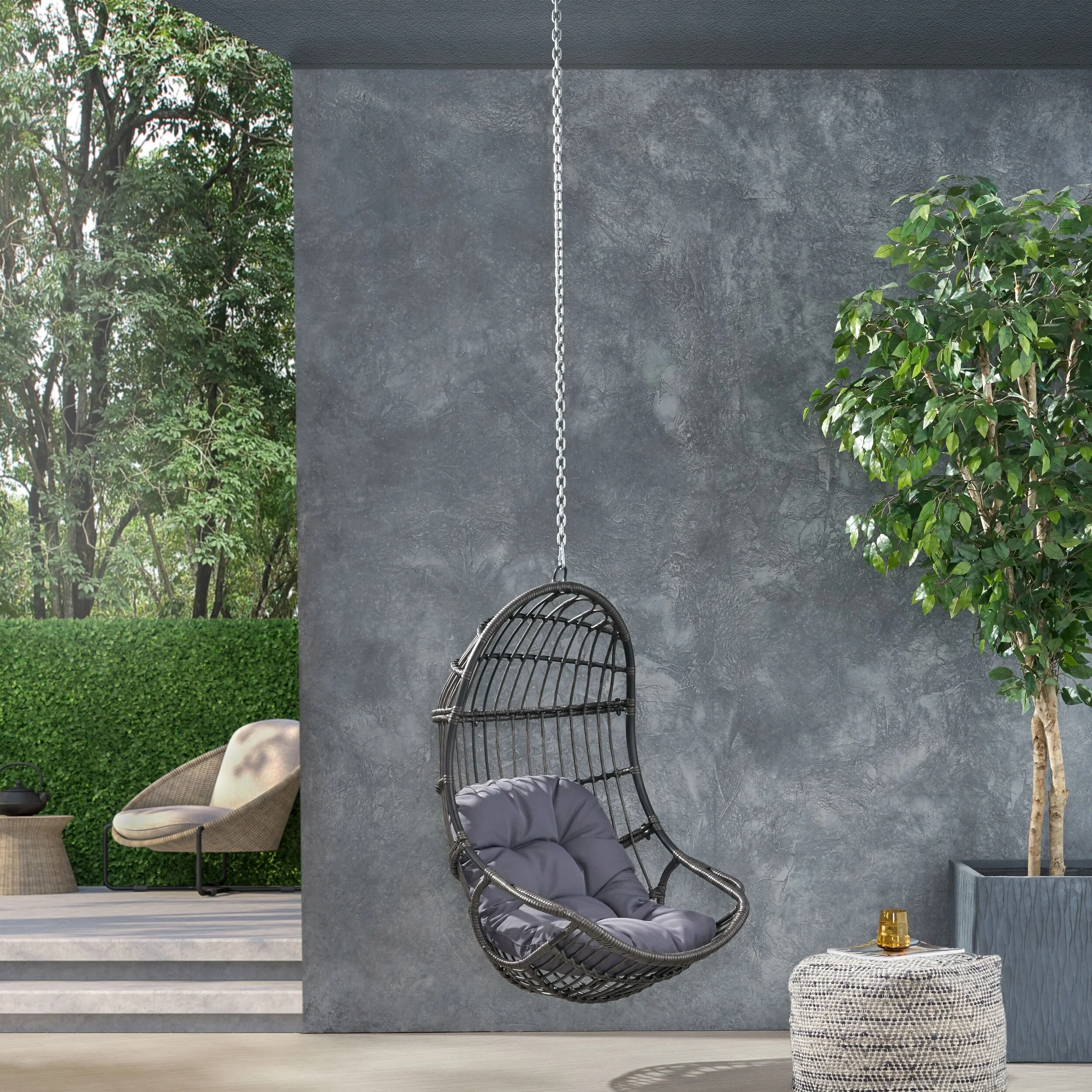 Wicker Hanging Basket Chair with Water-Resistant Cushions, Hand-Woven Rattan Swing Chair with Suspension Chain