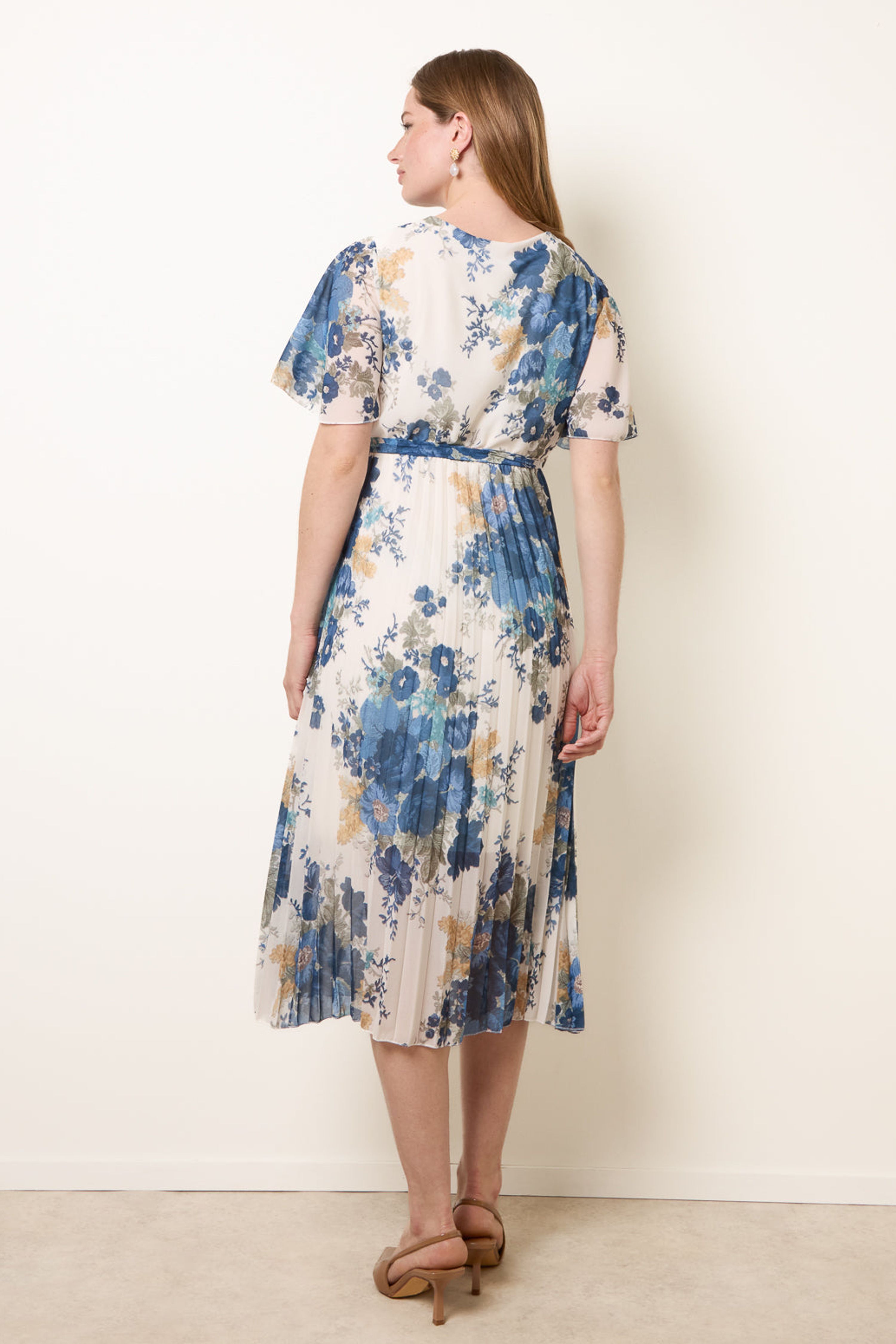 Blue Vanilla White Crossover Pleated Print Dress