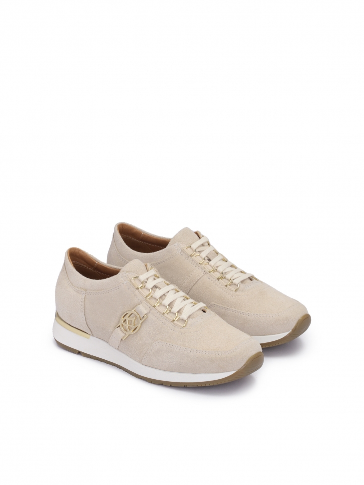 Ladies' beige suede sneakers decorated with a monogram