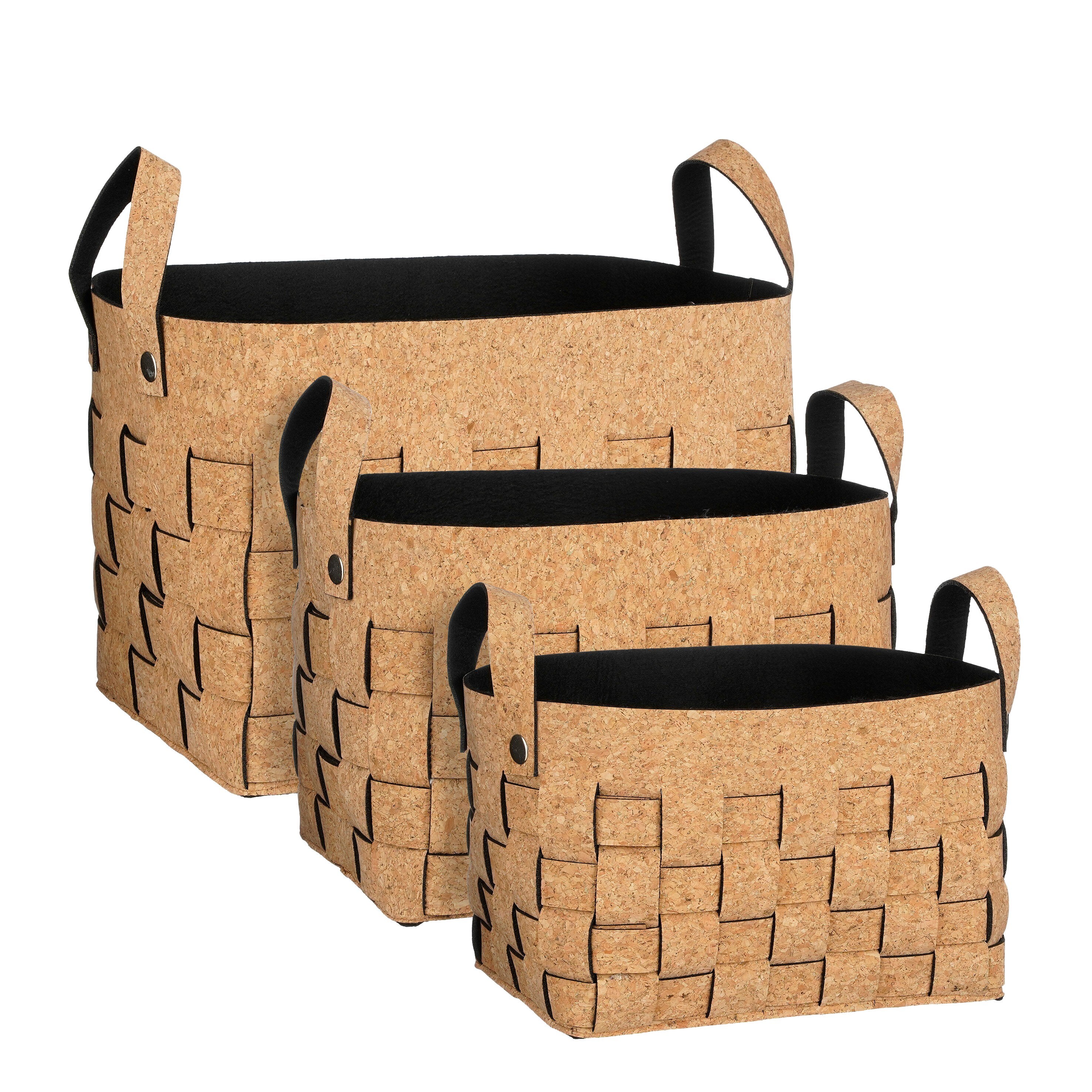 Mica Decorations Opbergmand - Set van 3 - L40 x B30 x H30 cm - Kurk/Vilt - Bruin