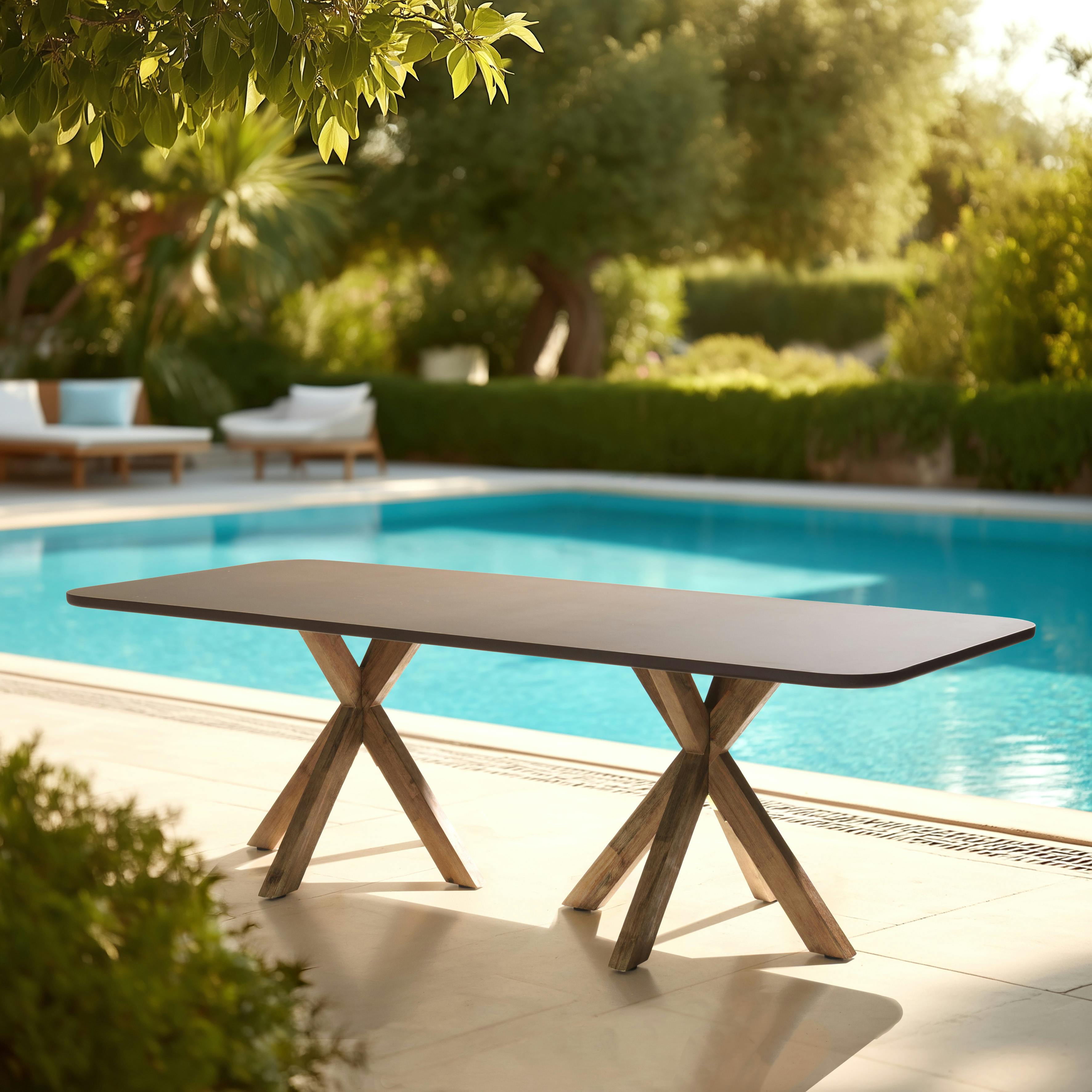 Table à manger 240 cm effet béton marron pieds en bois d'acacia CALVI