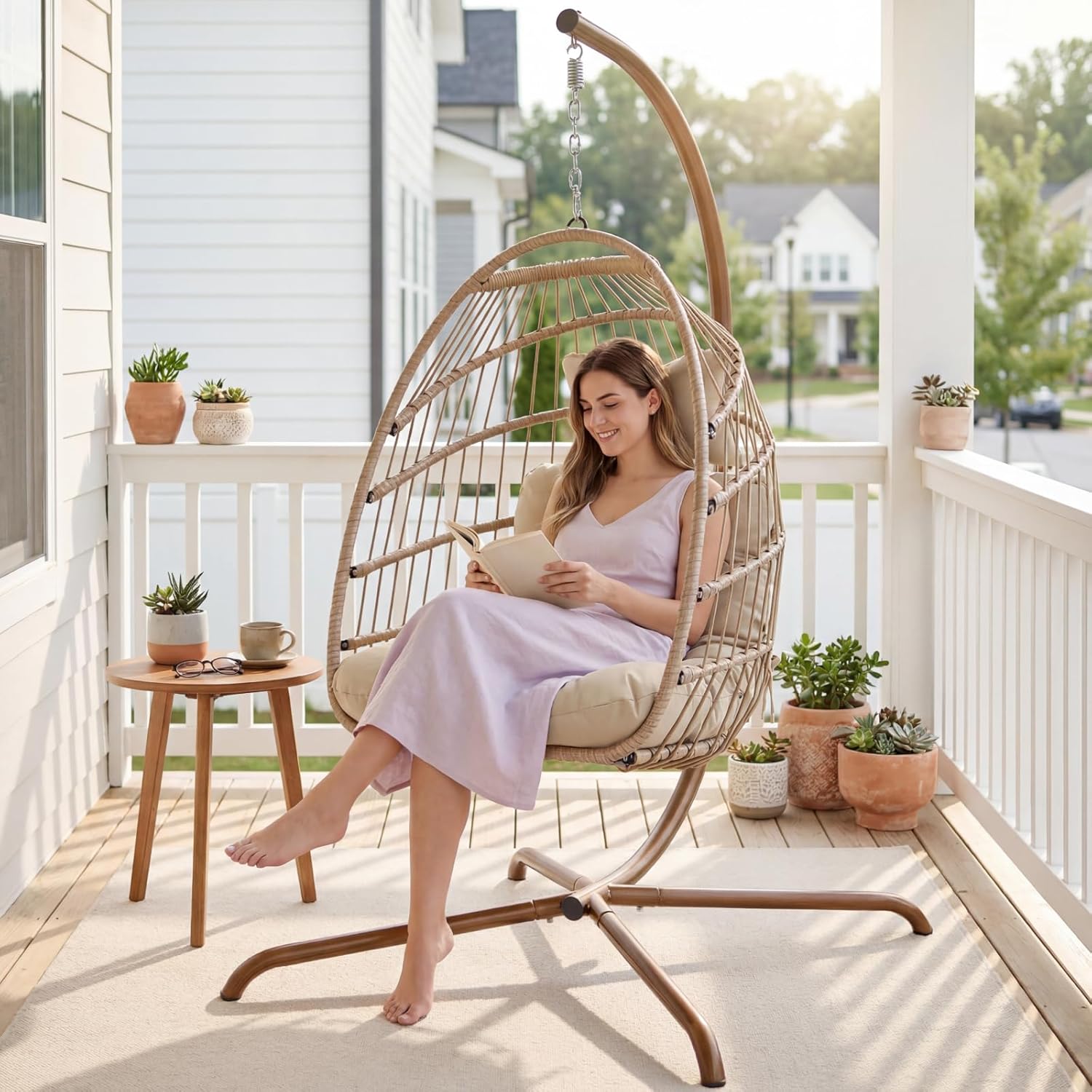 NICESOUL Cozy Hanging Egg Chair with Stand Indoor Outdoor, Wicker Patio Basket Swing Chair with Cushion and Golden Legs, 350lbs Durable Sturdy Egg Hammock Chairs for Deck Balcony Backyard Porch, Cream