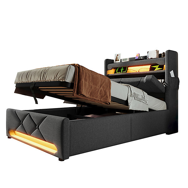 Lit hydraulique 90x200cm, Single, espace de rangement, tête de lit avec port usb et type c, lin,gris,avec matelas