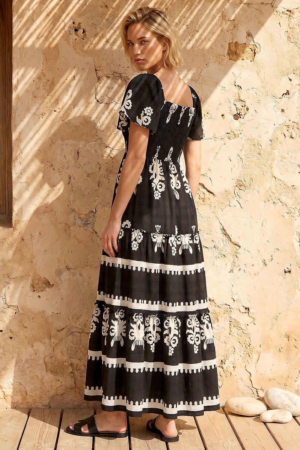 Roman Border Print Shirred Maxi Dress