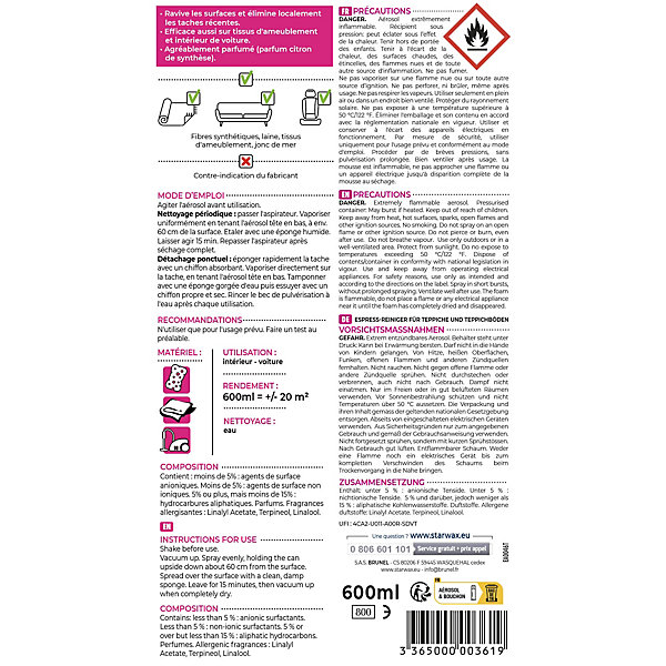 Nettoyant raviveur express tapis et moquettes Starwax 600ml
