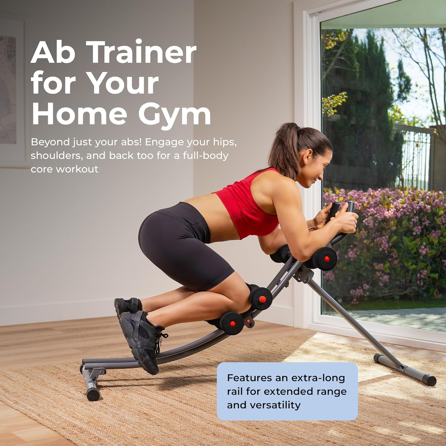Sunny Health & Fitness Waist Trainer Ab Roller with Elbow Support, Training Wheels, Foldable for Home Gym, Abdominal Exercises, Core Strength, Glute Trainer, Crunch Workouts with Optional Dip Station