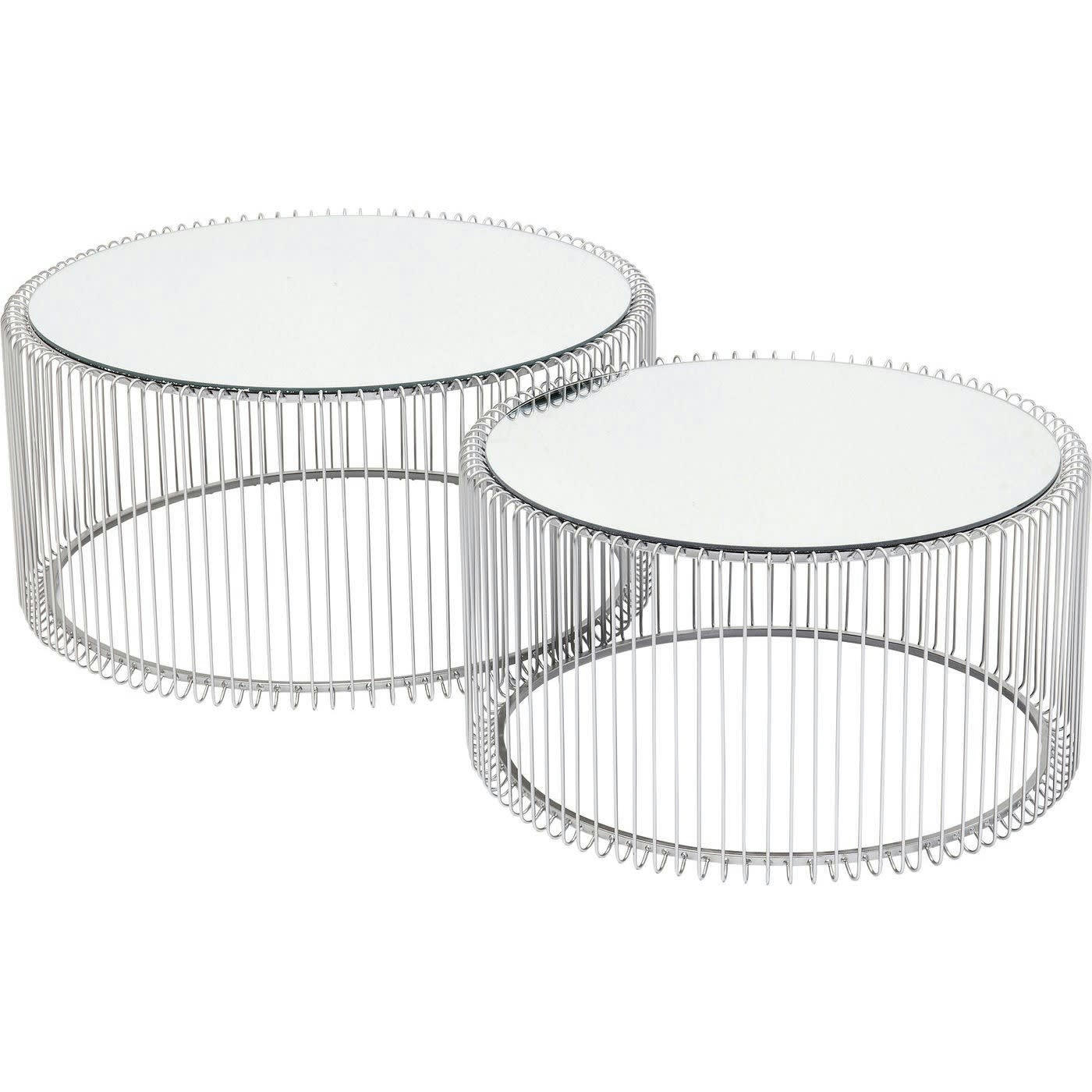 WIRE - 2 tables basses rondes en acier argenté et verre miroir