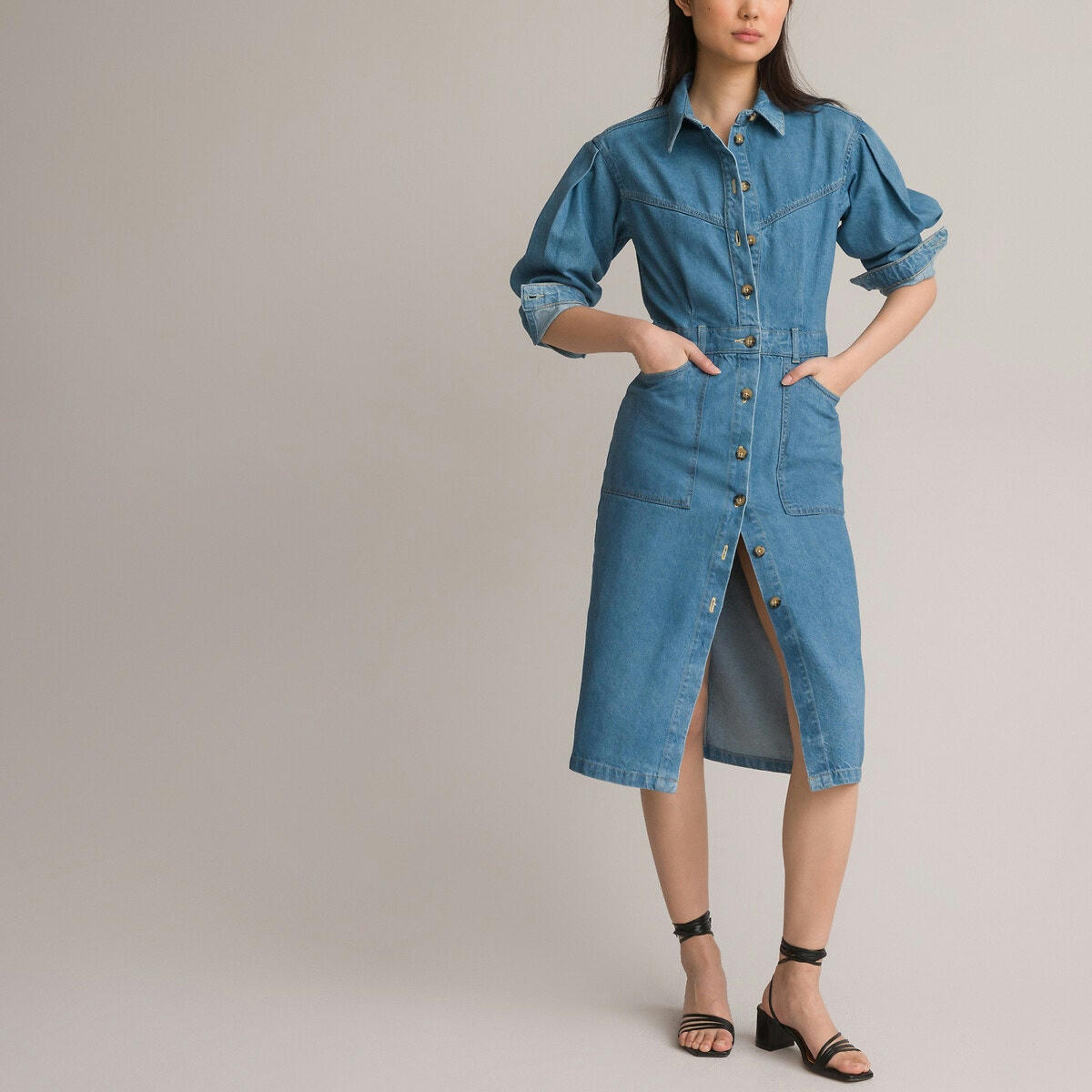 Robe-chemise longue en denim, manches longues