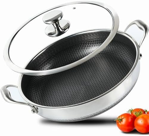 Large Hybrid Nonstick Deep Frying Pan-13inch 316L Stainless Steel Sauté Pan and Lid, Two Handle Hold, PFOA Free, Dishwasher Oven Safe, Cookware to Stir fry/Toast/Roast/Bake/Stew, 7.2-Quart