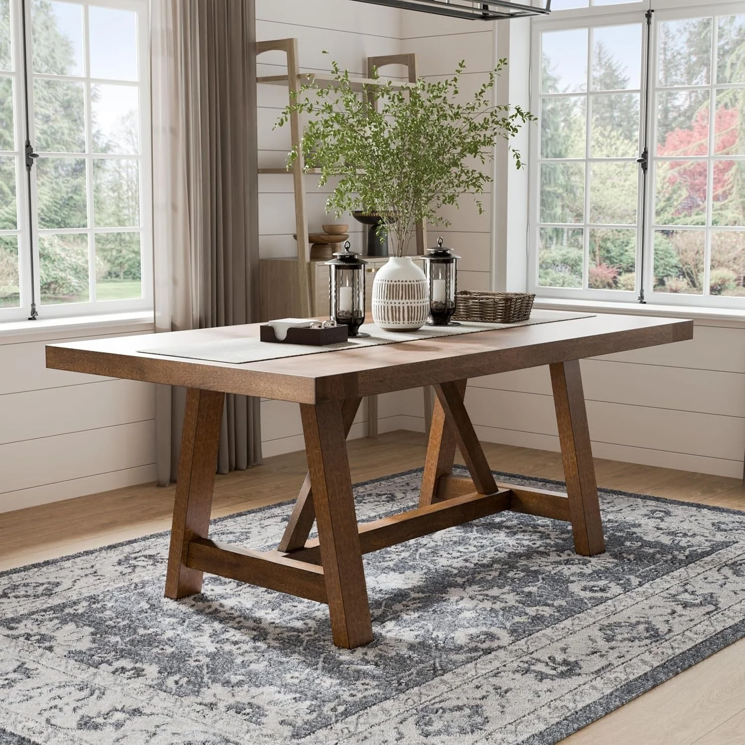 Rectangular Wooden Dining Table with Trestle Base in Brown
