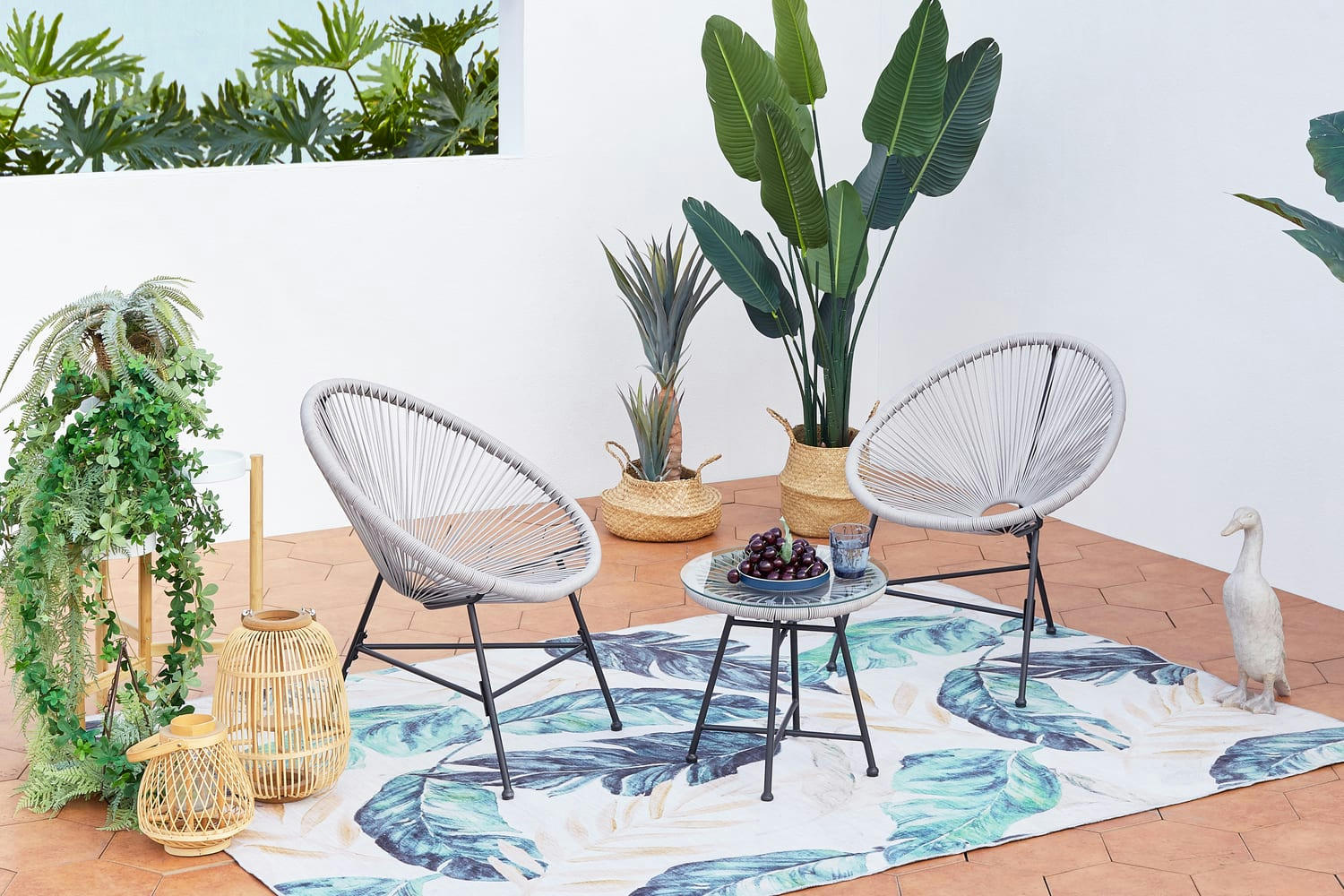 ACAPULCO - Salon de jardin 2 fauteuils ronds et table basse gris clair