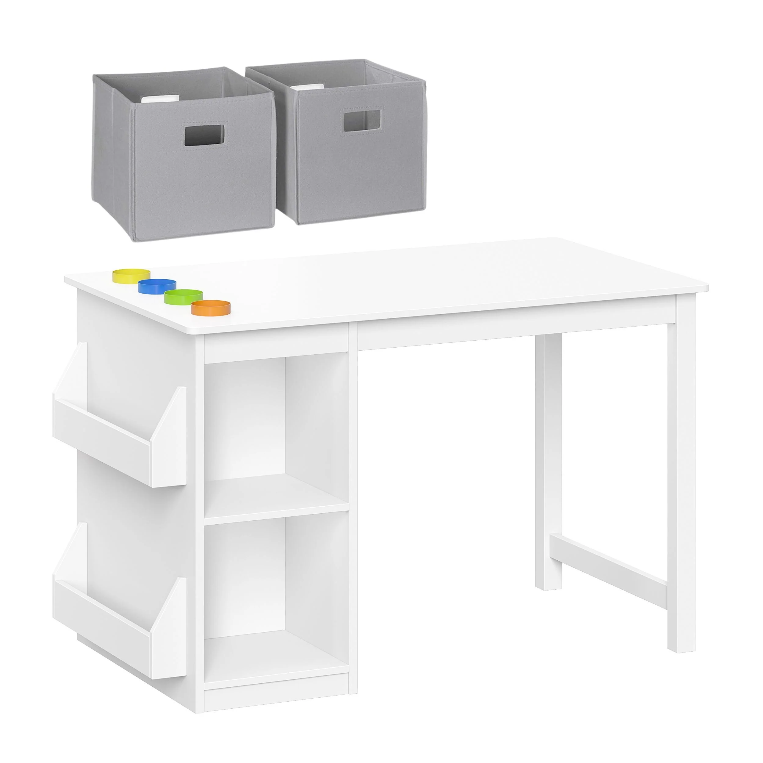 RiverRidge Kids Playroom Art Activity Table with 2 Cubbies and 2 Bookracks - White with 2 Gray Fabric Bins