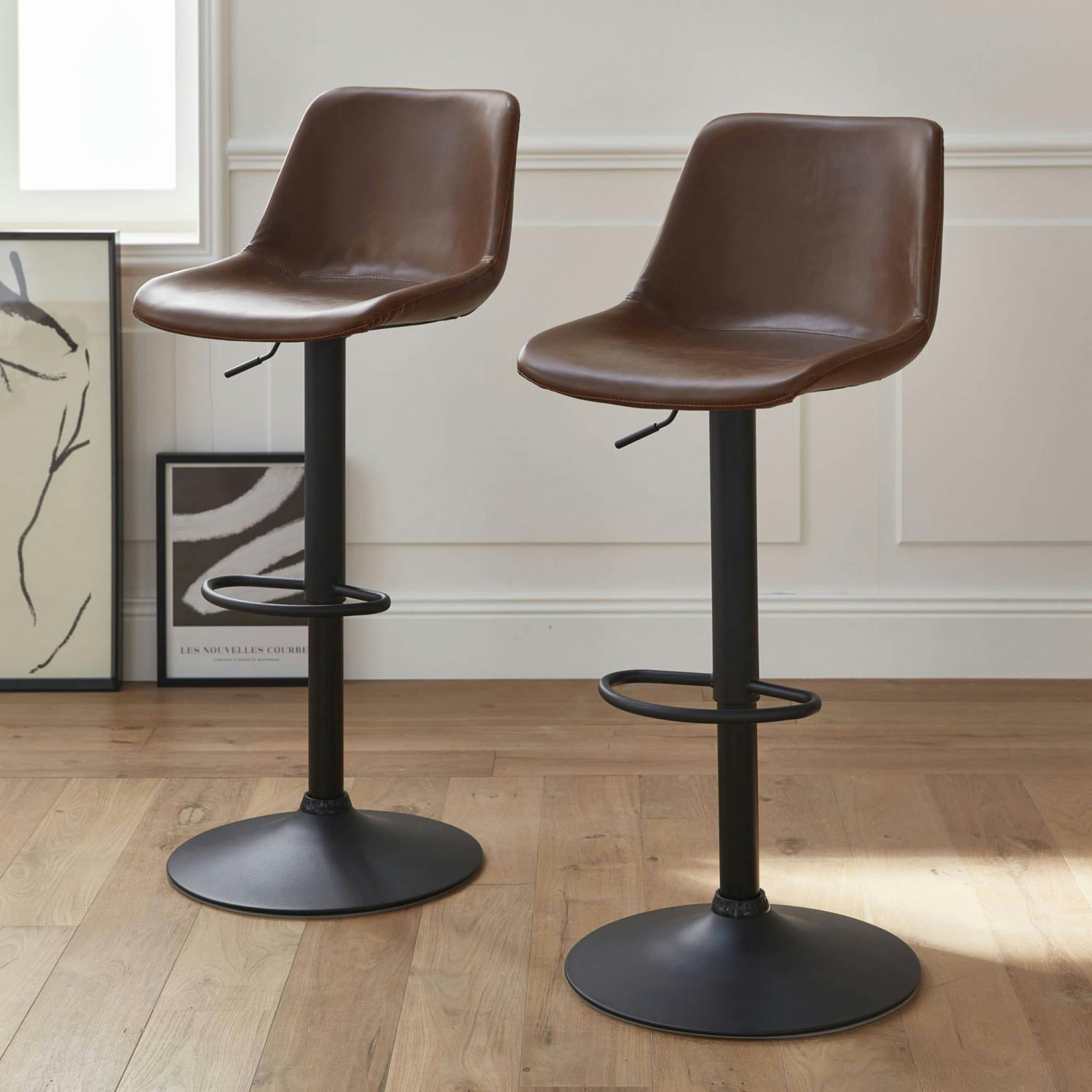 NOAH - Tabourets de bar réglables, simili cuir marron