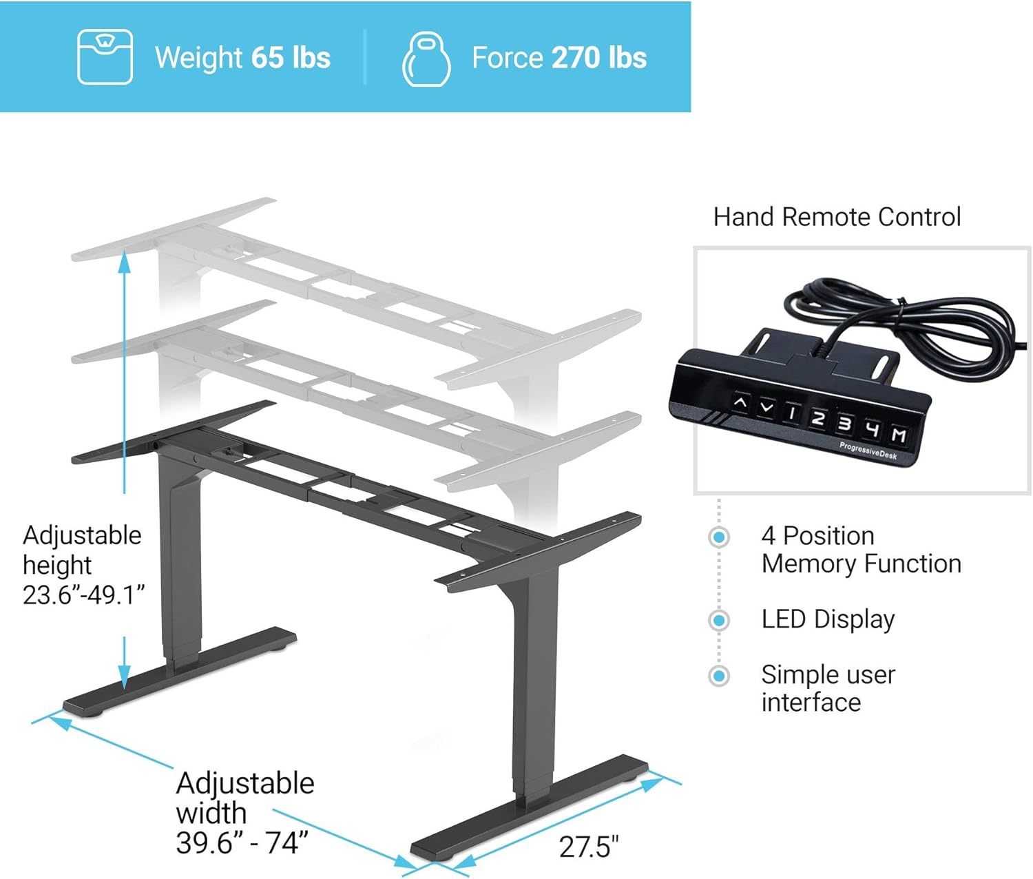 PROGRESSIVE AUTOMATIONS Electric Standing Desk Frame Dual Motor. Adjustable Height and Width, 3 Stages Legs for sit Stand Home Office desks suites Tops from 48 to 73 FLT-02 Black