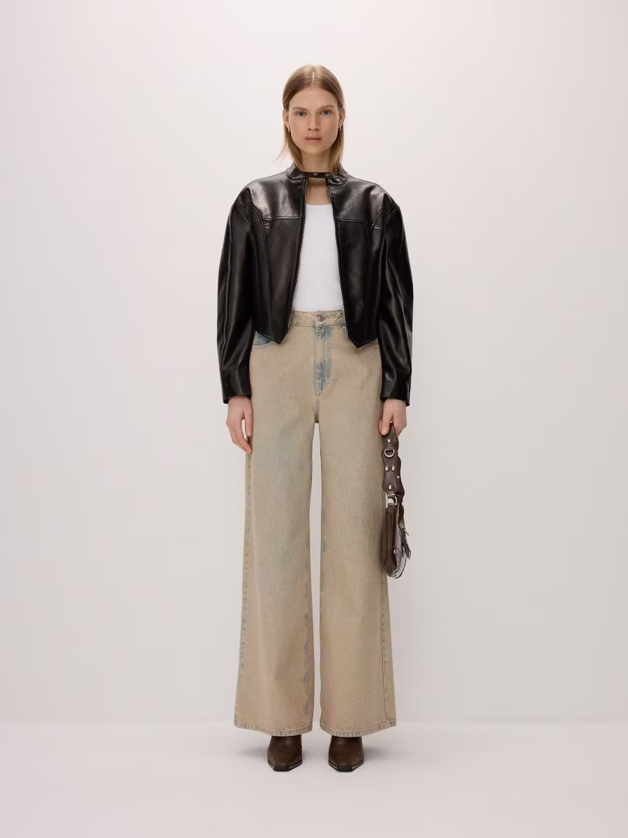 Faux Leather Jacket With Stand Up Collar