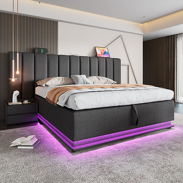 Lit Coffre 180 x 200 Cm - Lit Double Capitonné avec LED et Charge USB-C - Métal, Lin, Bois Massif - Sans Matelas - Gris
