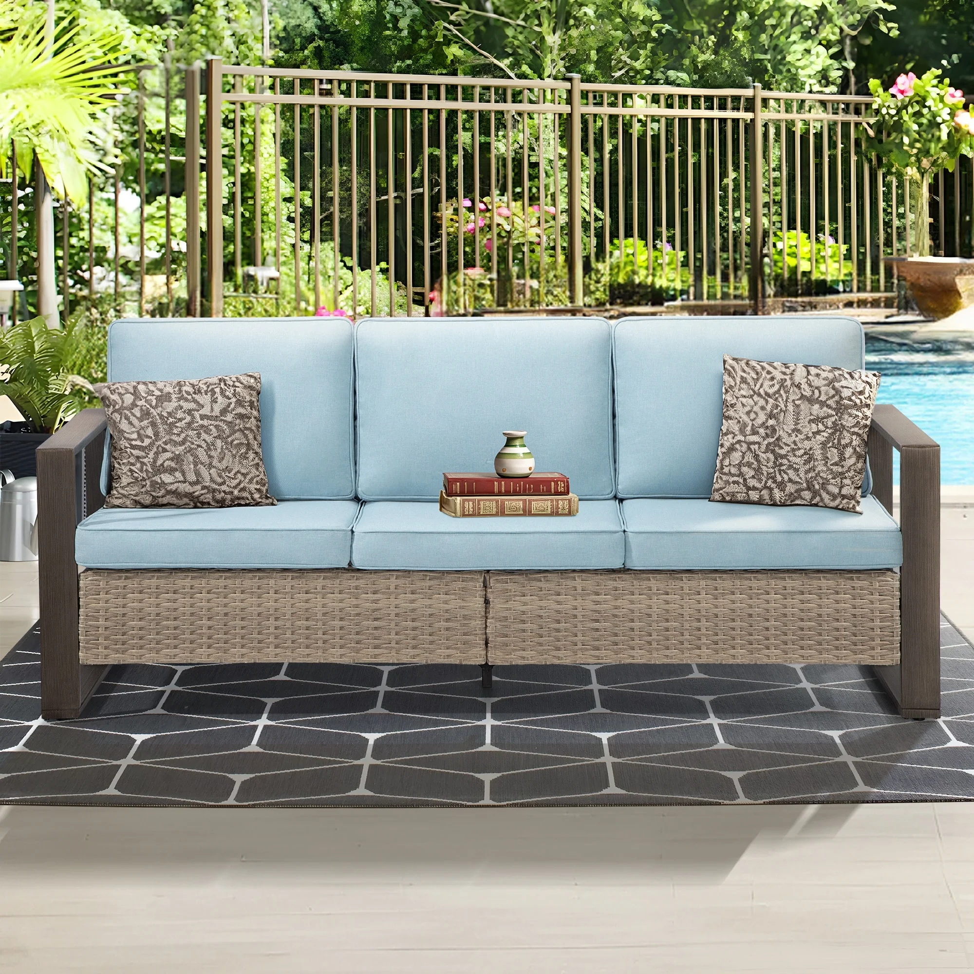Cozywor Wicker Outdoor Patio Sofa Steel Frame with Beige Cushions