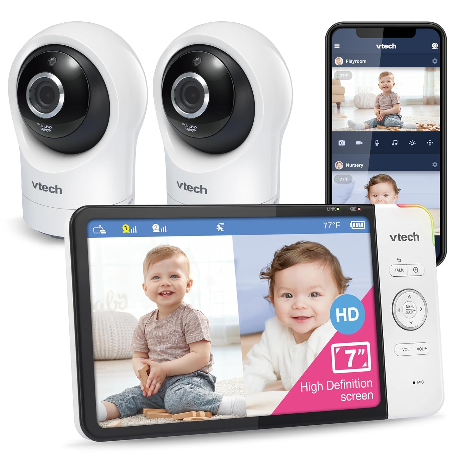 VTech RM7764-2HD Smart WiFi Baby Monitor with 2 Cameras  1080p HD Video  360° Pan & Tilt  10x Zoom  7 HD Parent Unit  Night Vision  Soothing Sounds  2-Way Talk  Temperature & Motion Detection