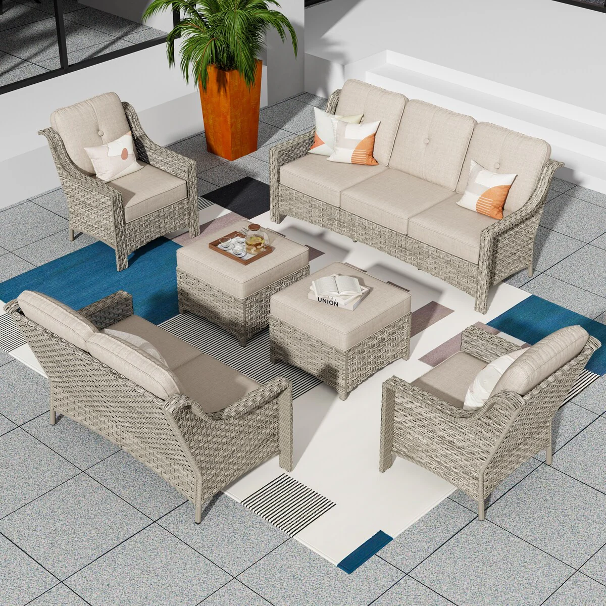 XIZZI 6-Piece Patio Wicker Outdoor Furniture Deep Seat Conversation Sofa Set