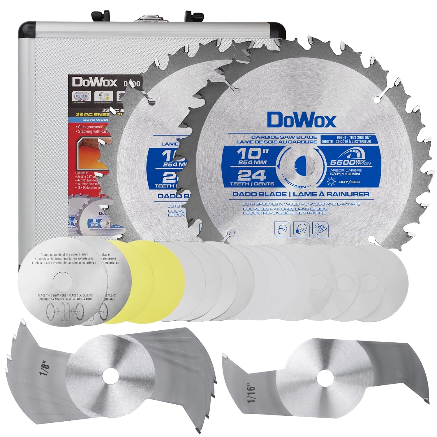 10 Carbide Stacked Dado Saw Blade Set, Pro Dado Set for Fine Finished Cuts, Grooves, Dados and Rabbets, 24 Tooth with 5/8 Bore, 23 Pieces