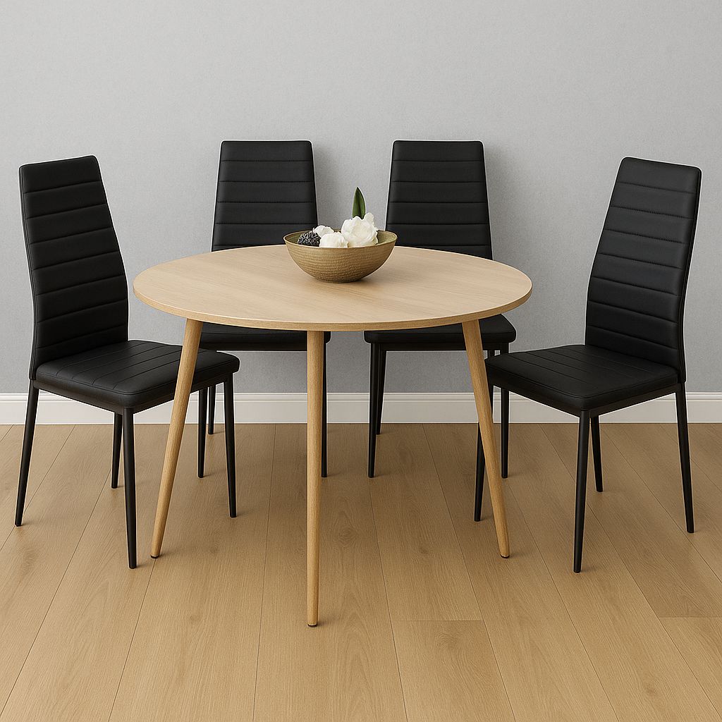 KOSY KOALA Modern Round Dining Table With 4 Black Faux Leather Chairs