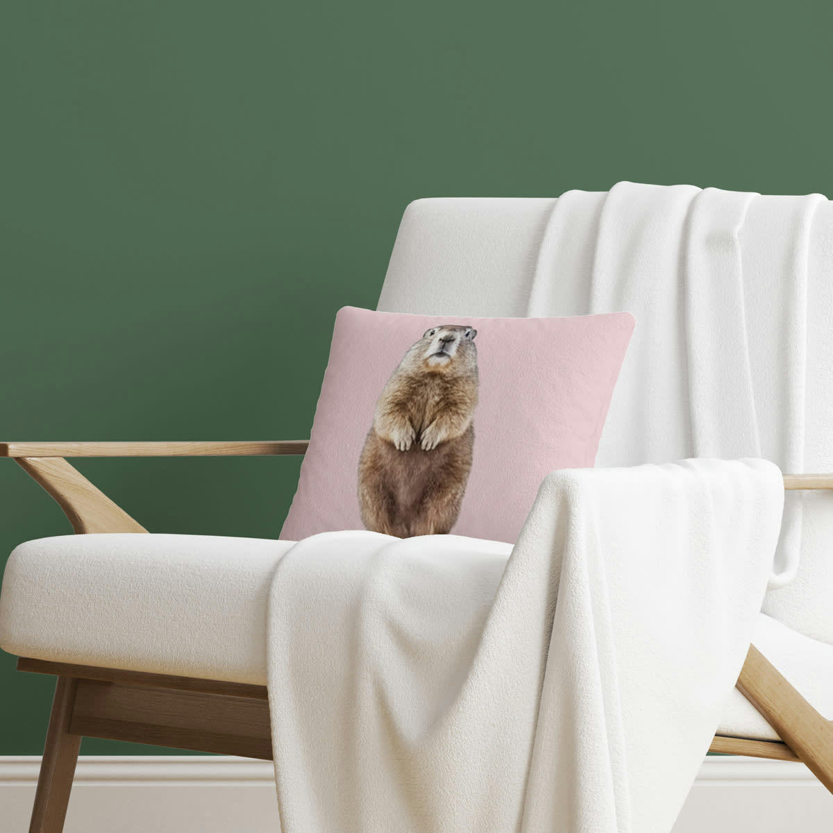 - Coussin déco animal marmotte rose pastel velours 40x40cm