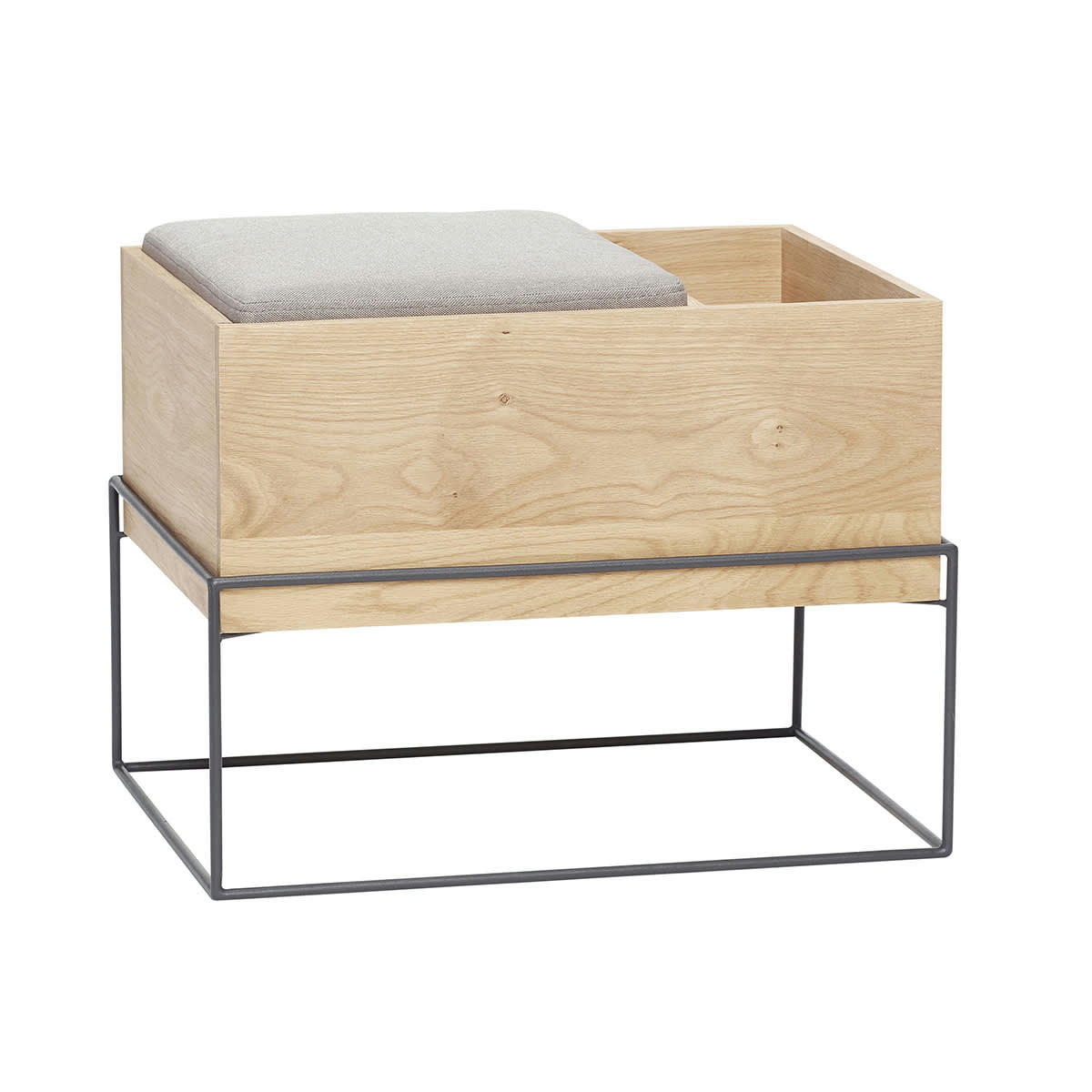 COLLECT - Banc avec coussin et rangement en chêne FSC et gris