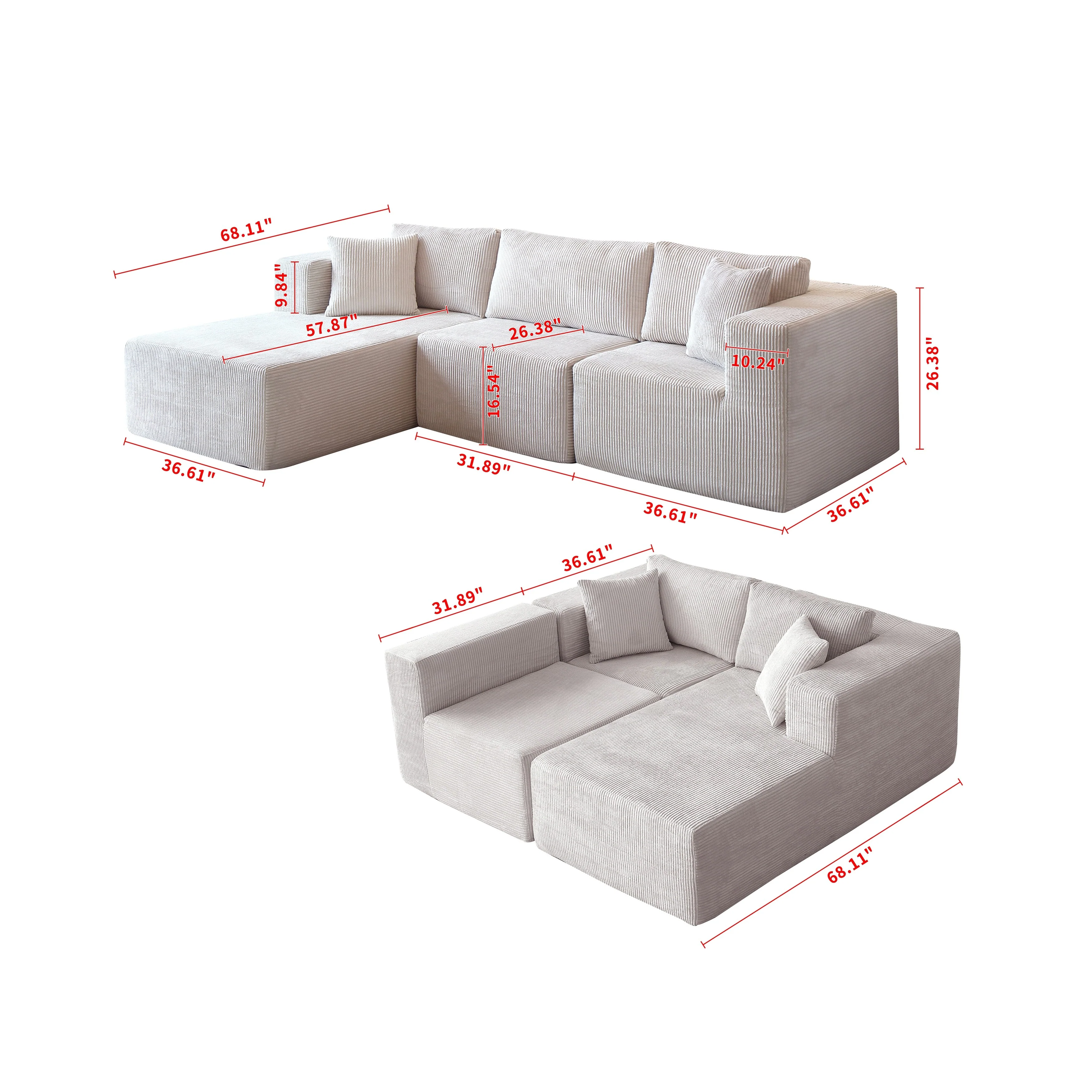 Sectional Sofa and Module, Mid-Century Modern L Shaped Couches 3-Seat Sofa Left