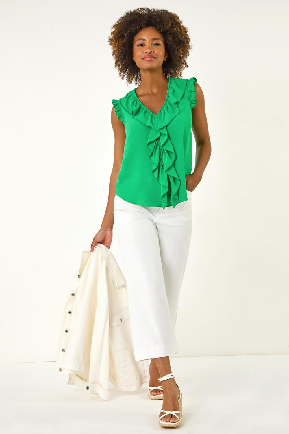 Roman V-Neck Ruffle Front Vest Top