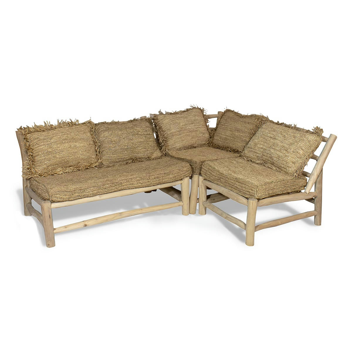 SYROS - Canapé d'angle en teck et revêtement sisal et raphia 3 places