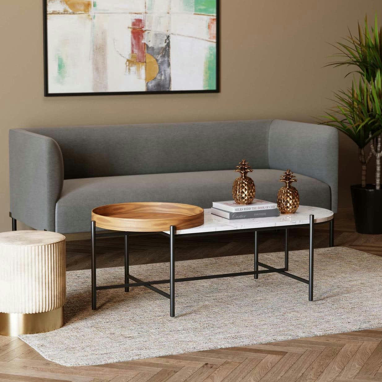 LAYERED - Table basse en marbre blanc, frêne et acier noir