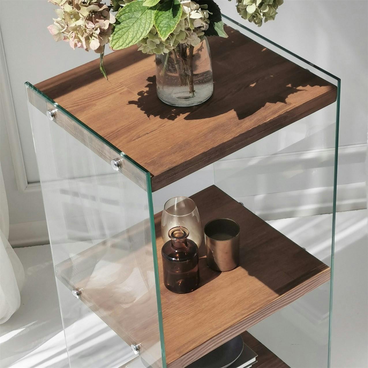 Colonne vitrine design - bois marron, 3 plateaux LHASA