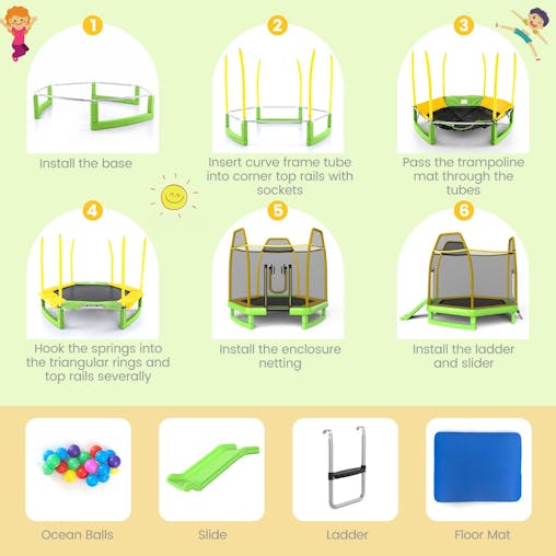 NNECW 3-in-1 7FT Kids Trampoline with Slide & Ladder & Ocean Balls