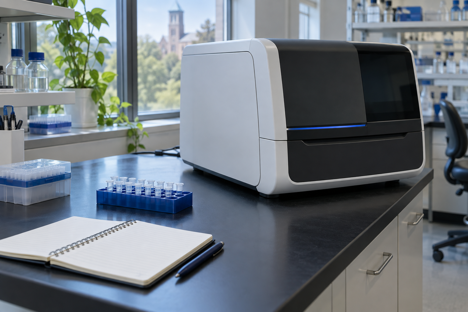 Illustrative laboratory scene with a closed sequencing instrument, unlabeled microtubes and a notebook.