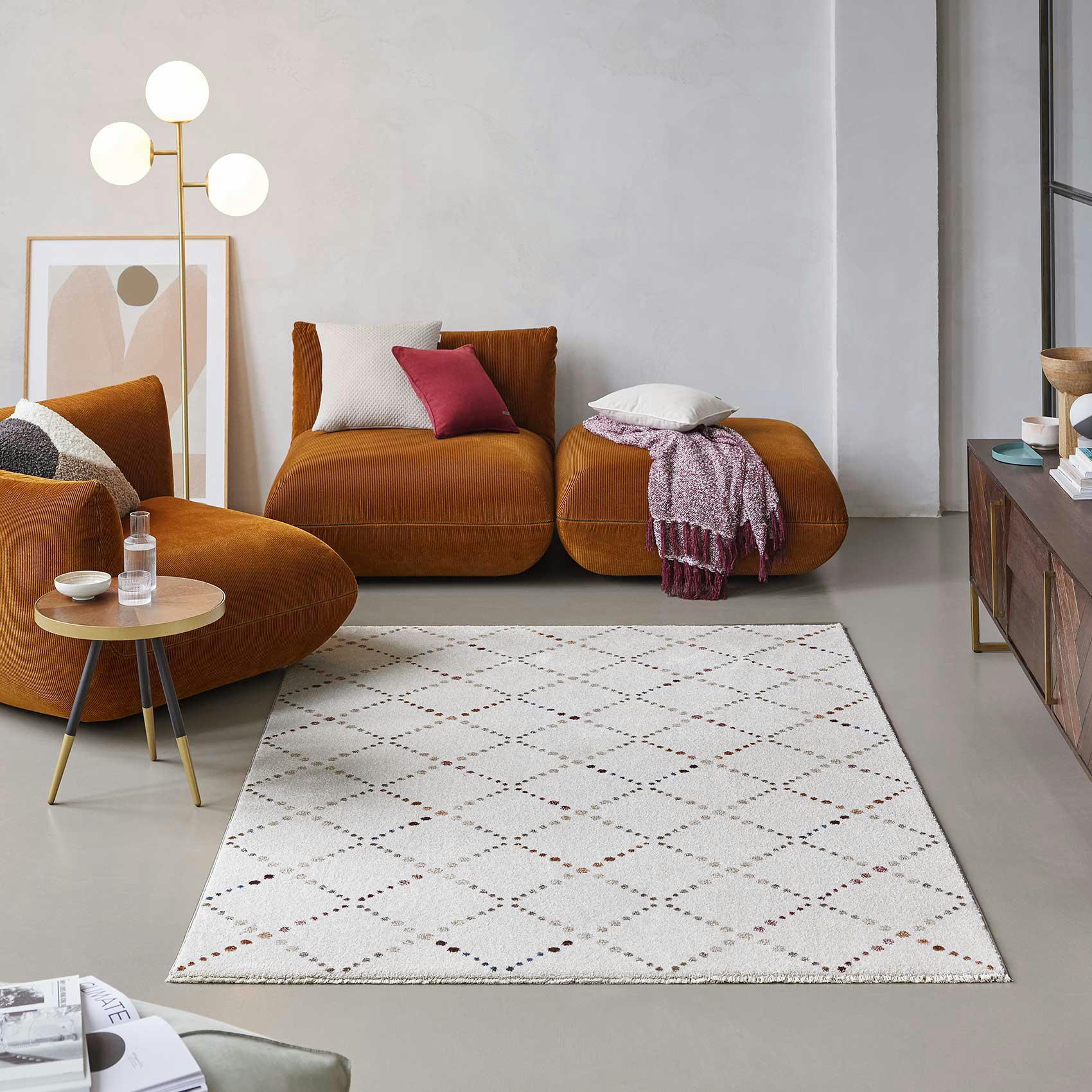 INA - Tapis plat velours ras à motif losange gris sur fond taupe 80x150