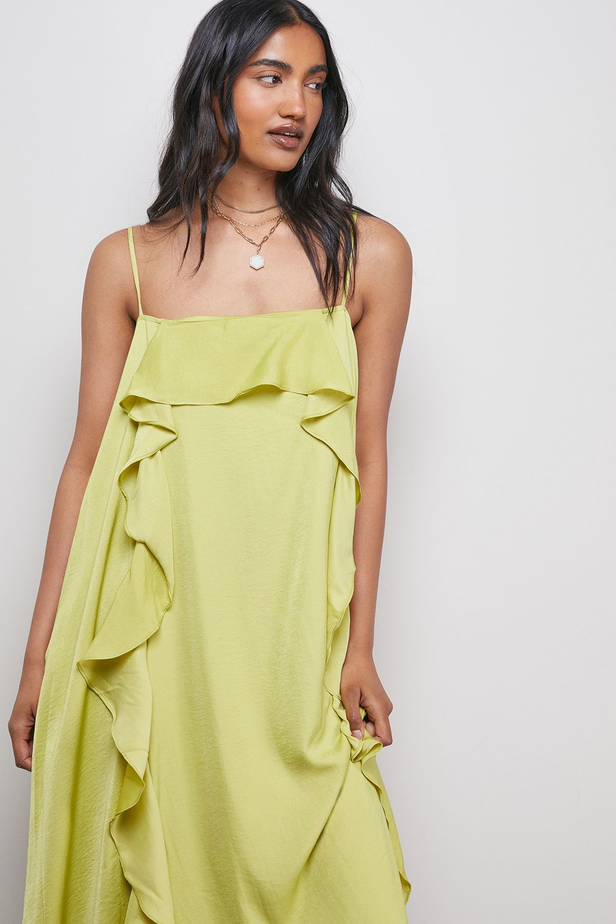 Warehouse Satin Strappy Ruffle Midi Dress